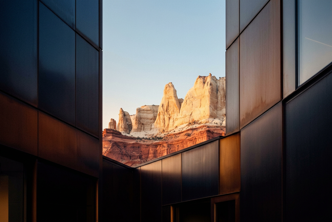 Red rock formations framed by modern architecture